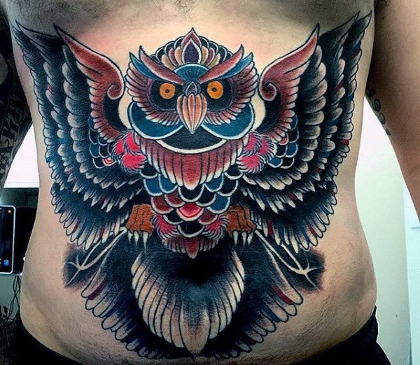 Large new school style colored belly tattoo of amazing owl