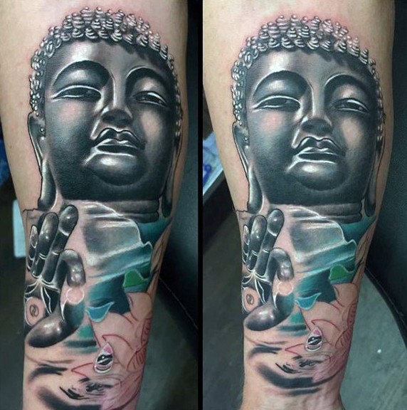 Large new school style colored Buddha statue tattoo on forearm combined with lotus flower