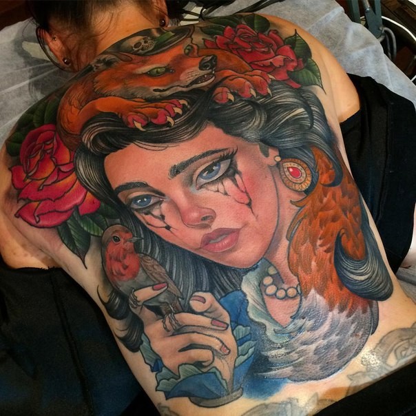 Large new school style colorful mystical woman tattoo on whole back with fox and bird