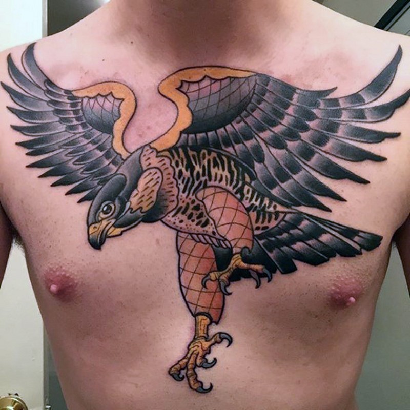 Large old school colored chest tattoo of big eagle