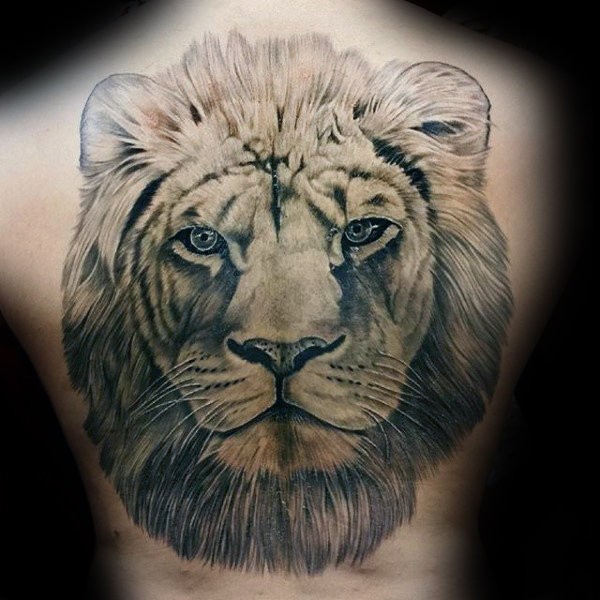 Large realistic looking whole back tattoo of lion head