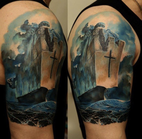 Large spectacular looking fantasy ship with big cross