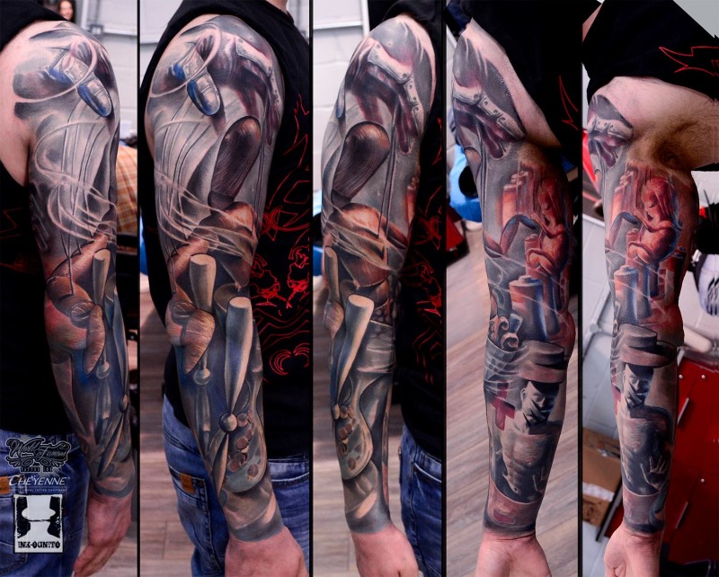 Large very detailed and colored sleeve tattoo of wooden puppet