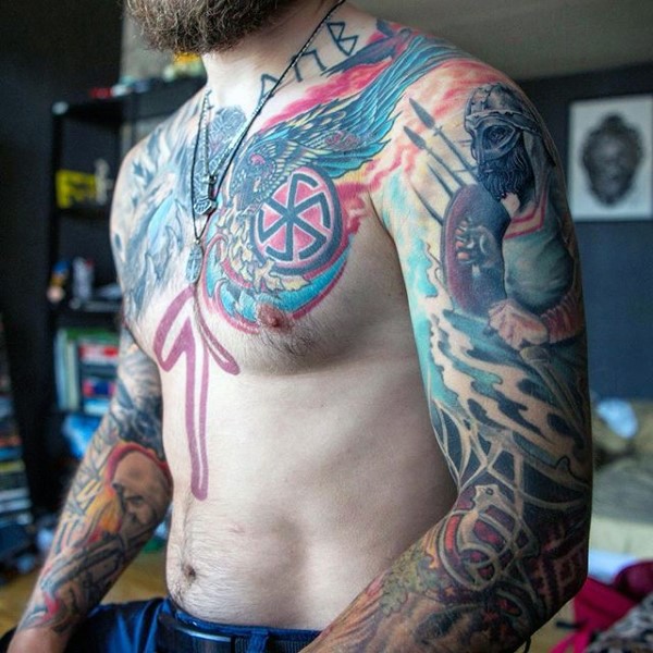 Large very detailed colored sleeve tattoo of soldier with various symbols