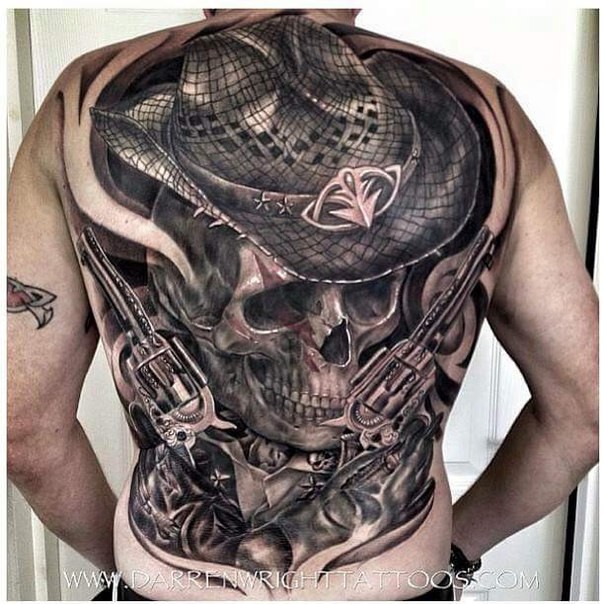 Large very detailed whole back tattoo of skeleton cowboy with pistols