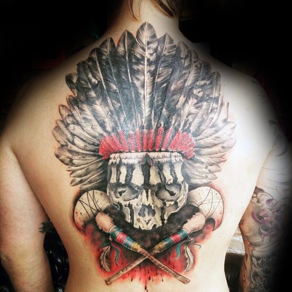 large very detailed whole back tattoo of Indian skull with crossed axes