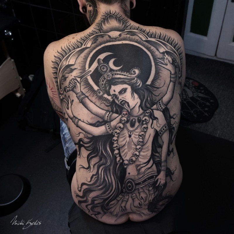 Large whole back tattoo of Hinduism evil Goddess