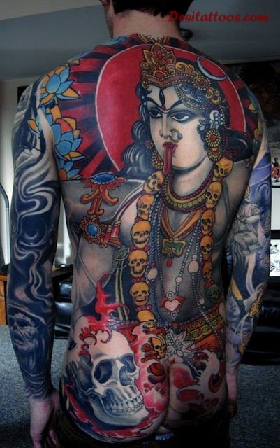 Large whole back tattoo of Hinduism Goddess with skulls