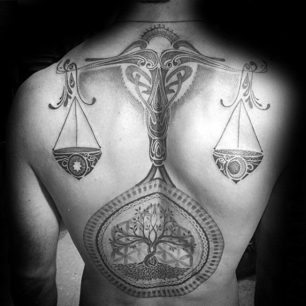 Large whole back tattoo of mysterious libra with tree
