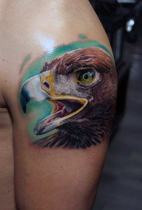 Lifelike American traditional colored eagle&quots head 3D realistic arm top tattoo in realism style
