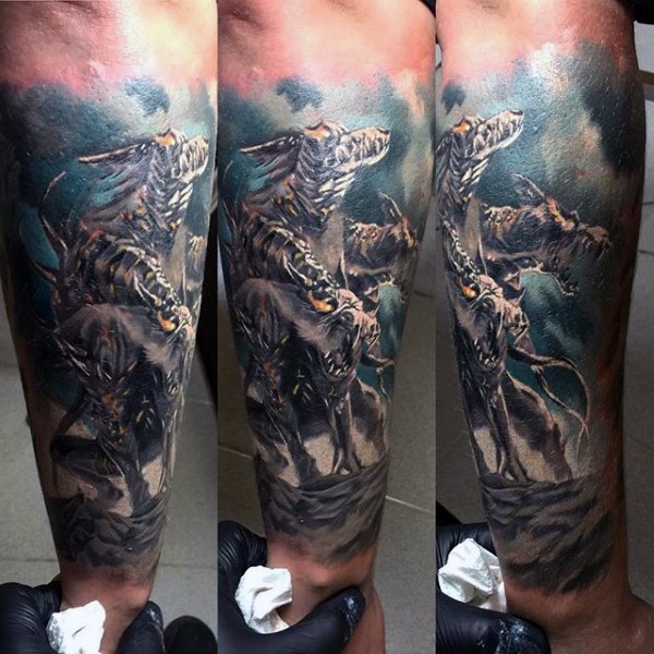 Lifelike colored arm tattoo of incredible looking Cerberus