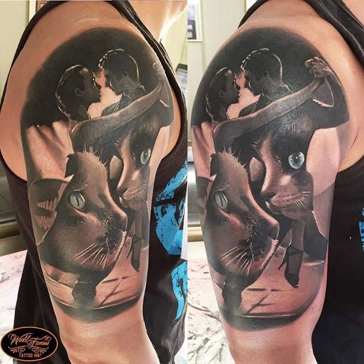 Lifelike colored shoulder tattoo of dancing couple stylized with cats