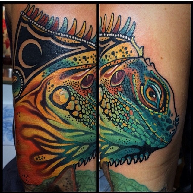 Lifelike colored tattoo of big lizard