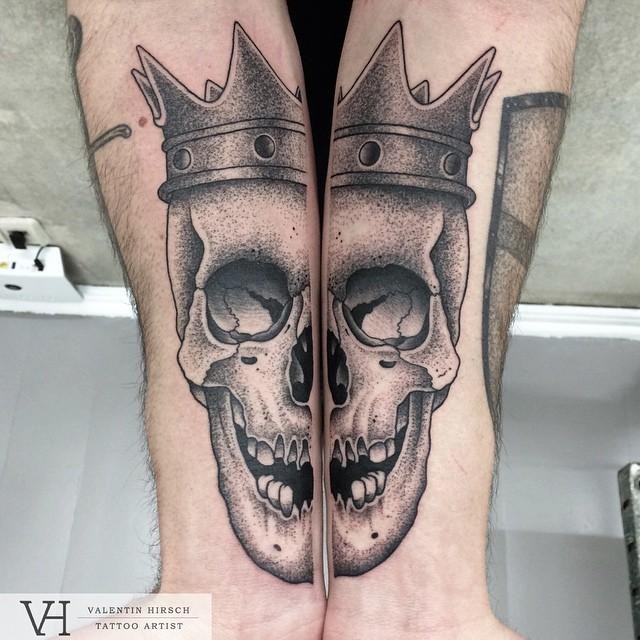 Lifelike dot style cool painted by Valentin Hirsch forearms tattoo of split human skull with crown