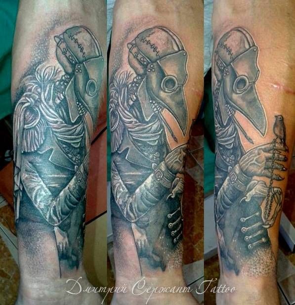 Lifelike impressive looking forearm tattoo of plague doctor with little bird