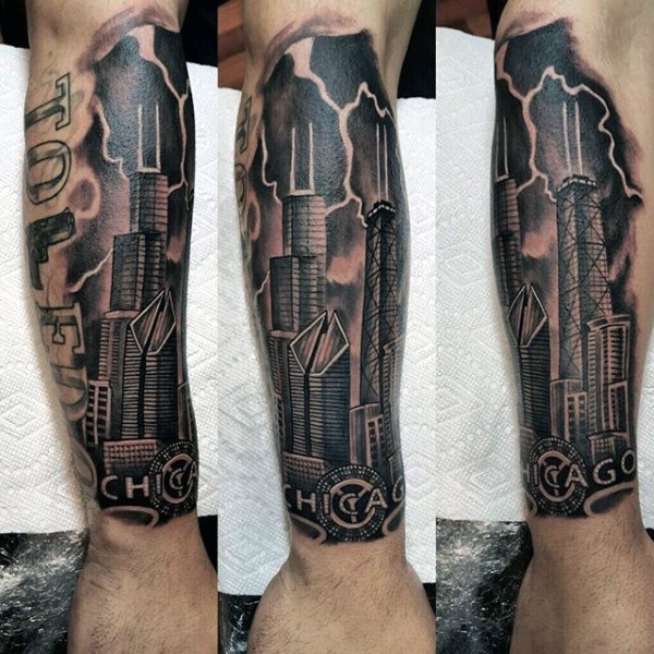 Lifelike looking black and gray style colored forearm tattoo of city sights