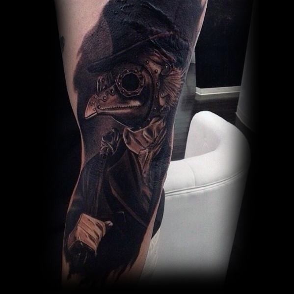 Lifelike very beautiful looking sleeve tattoo of man with plague doctors mask