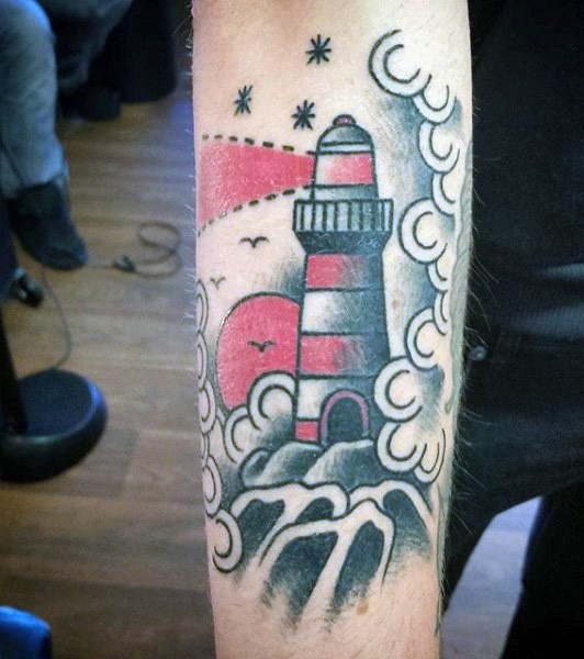 Lighthouse at the dusk colored tattoo in old school style with tiny snowdrops