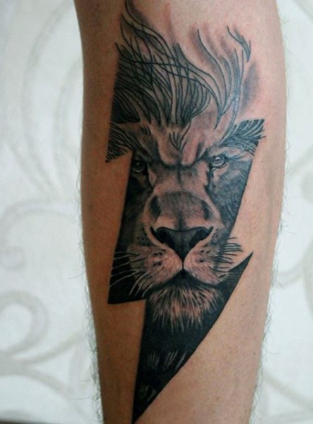 Lightning symbol shaped forearm tattoo combined with lion face