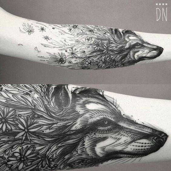 Linework style beautiful combined tattoo of wolf head combined with wild flowers