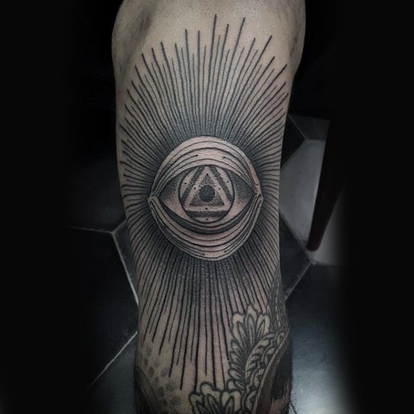 Linework style black ink arm tattoo of mystical eye