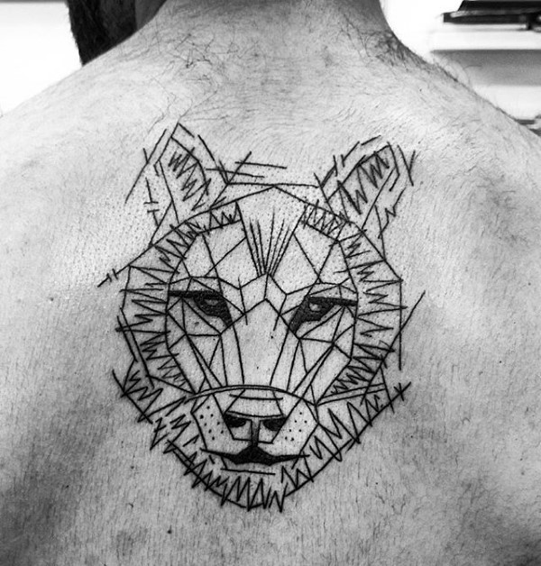 Linework style black ink back tattoo of wolf head