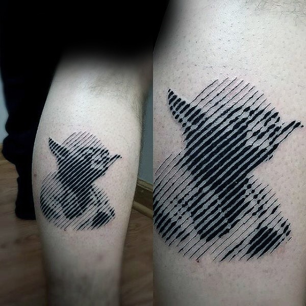 linework style black ink leg tattoo of Yoda