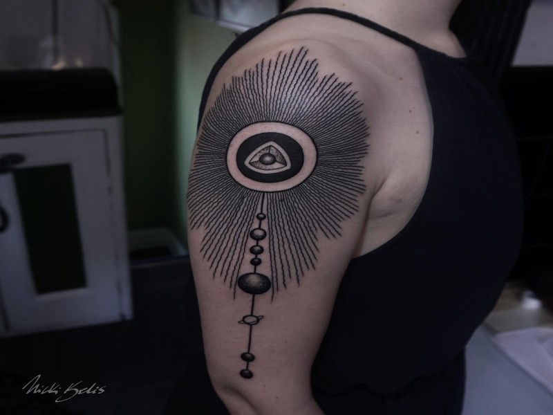 Linework style black ink shoulder tattoo if planet parade with sun
