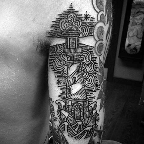 Linework style black ink shoulder tattoo of lighthouse and stars