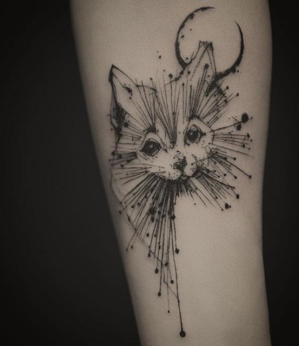 Linework style cute looking forearm tattoo of cat with moon