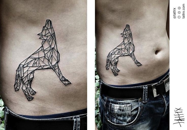 Linework style medium size black ink wolf tattoo on belly