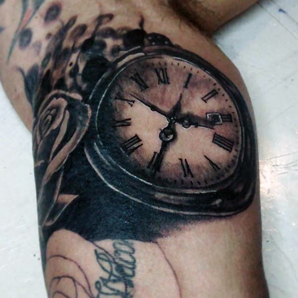 Little 3D like antic pocket clock tattoo on leg with flowers