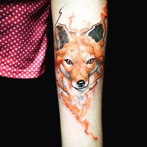Little abstract designed colored forearm tattoo of fox head
