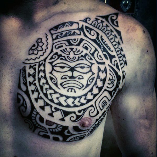 Little abstract style black ink Polynesian style tattoo on chest
