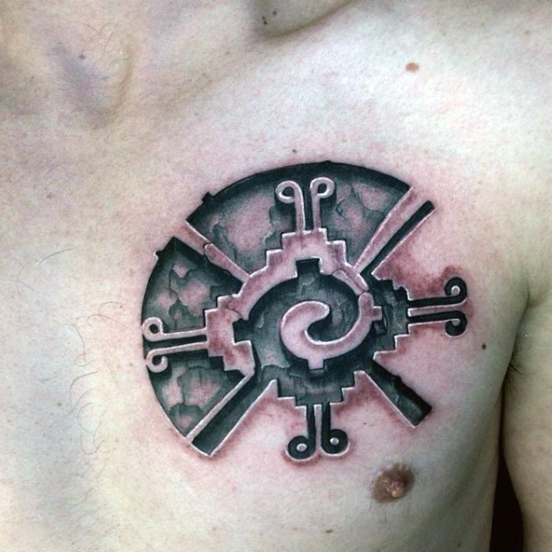 Little antic like 3D ornament tattoo on chest