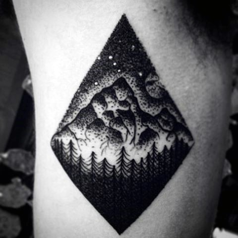 Little black and white night mountain forest tattoo on side