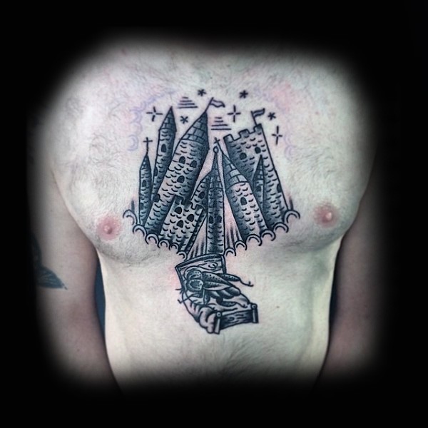 Kleine schwarze und weiße alte Burg Tattoo an der Brust