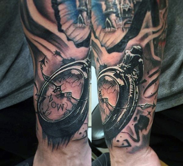 Little black and white old corrupted clock tattoo on wrist