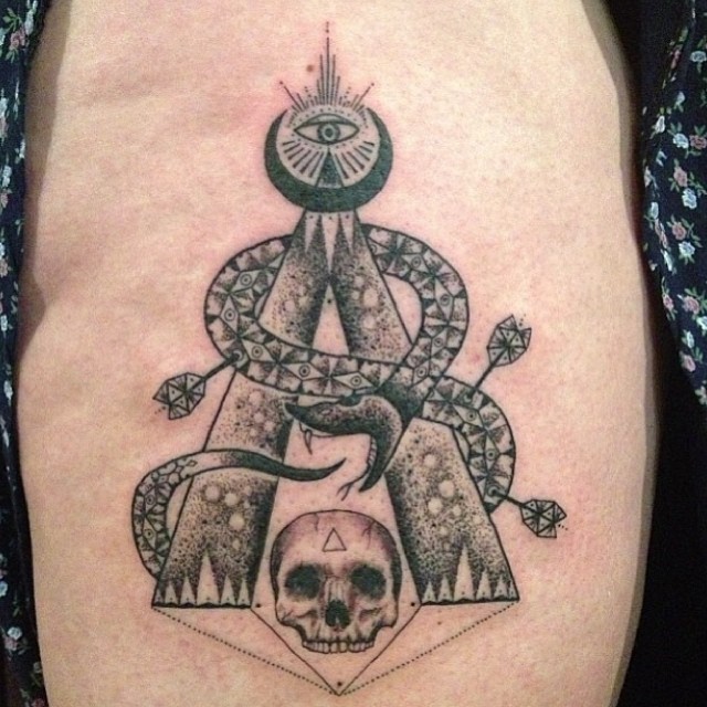 Little black ink mystical cult tattoo on thigh with snake and skull