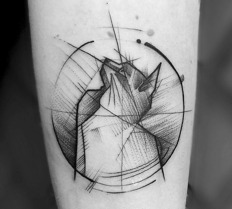 Little black ink sad cat sketch tattoo combined with circle