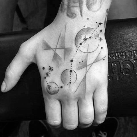 Kleines schwarzes Tierkreissymbol mit Planeten Tattoo an der Hand