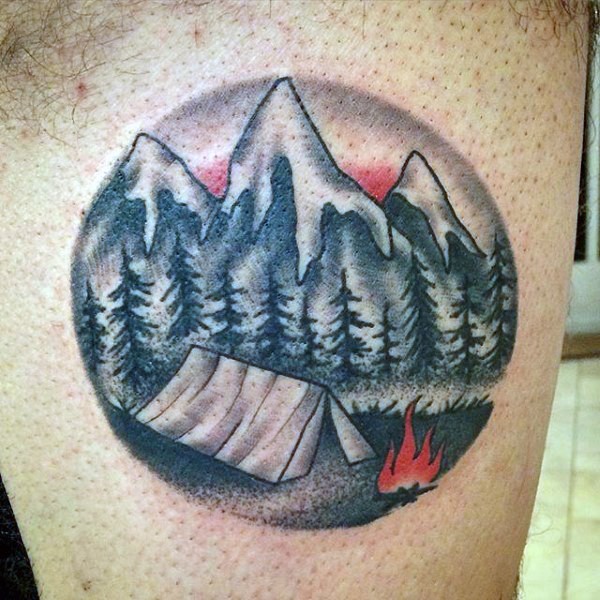 Little camping in mountains colored tattoo on thigh