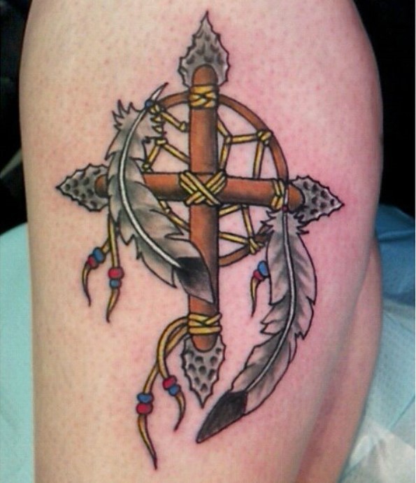 Little cartoon colored wooden cross thigh tattoo with dream catcher