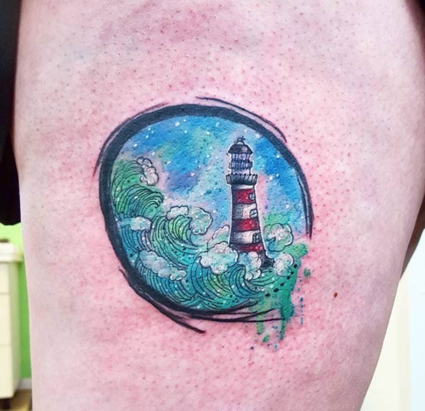 Little circle shaped colored tattoo on thigh stylized with big waves and lighthouse