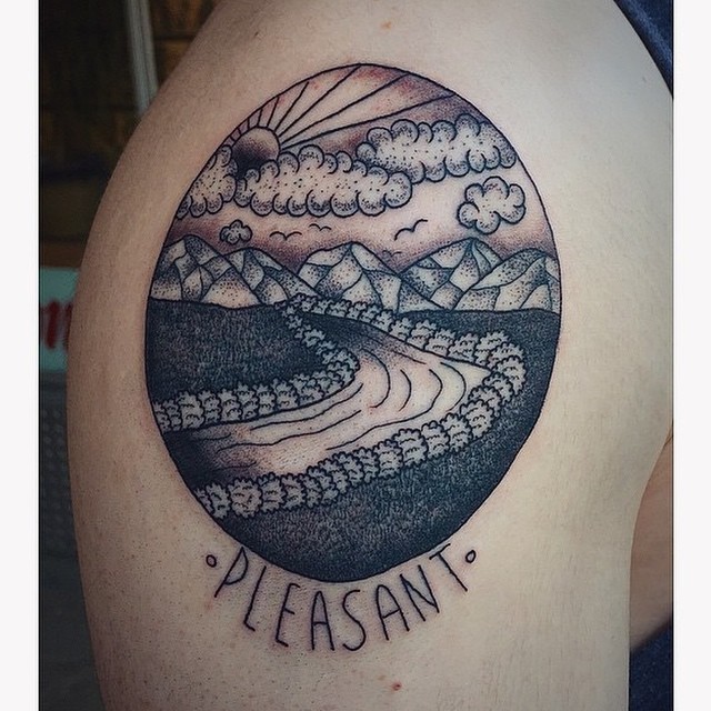 Little circle shaped engraving tattoo of mountain road and lettering