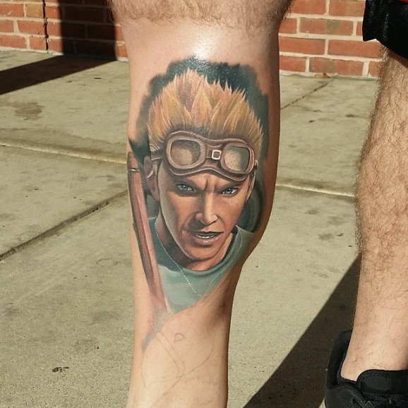Little colored 3D style leg tattoo of video game hero
