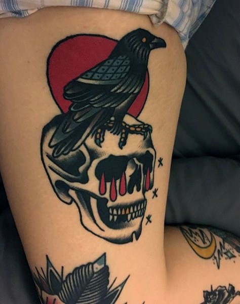 Little colored bleeding skull with crow tattoo on thigh