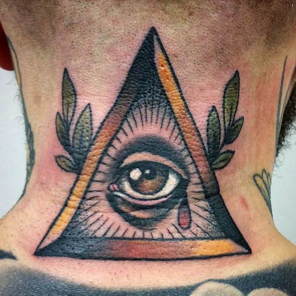 Little colored mystical triangle with leaves neck tattoo