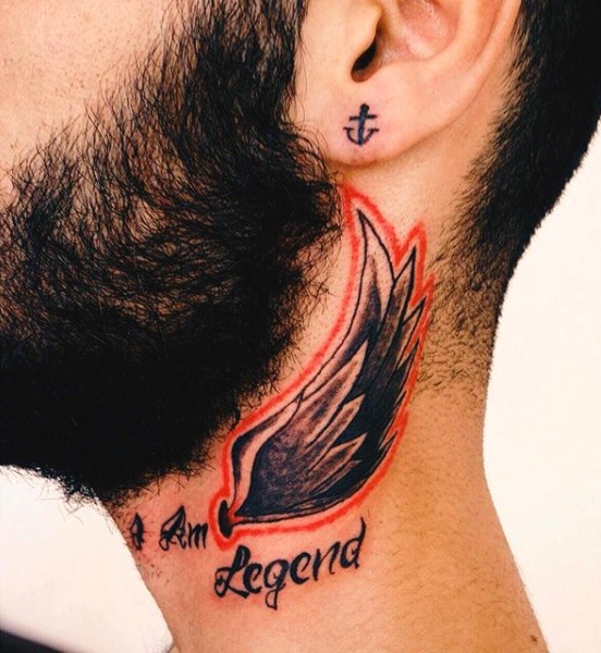 Little colored simple wing with lettering tattoo on neck
