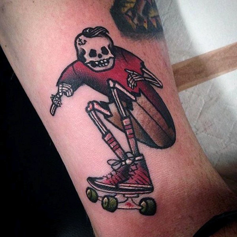 Little colored skeleton with skate tattoo on ankle